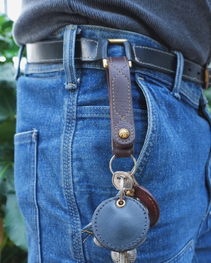 Leather Key Fob  holding keys on belt with snap attachment, embroidered detail and split ring.