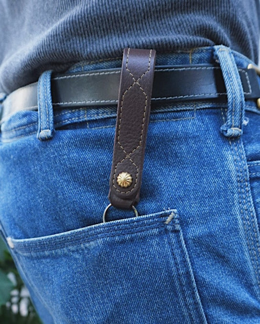 Leather Key Fob with snap attachment, embroidered detail and split ring in pocket.